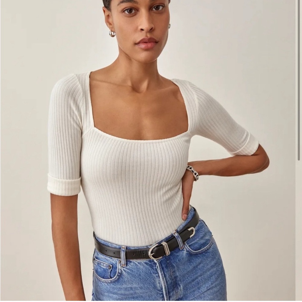 Reformation White Square Neck Knit Top Short Sleeve